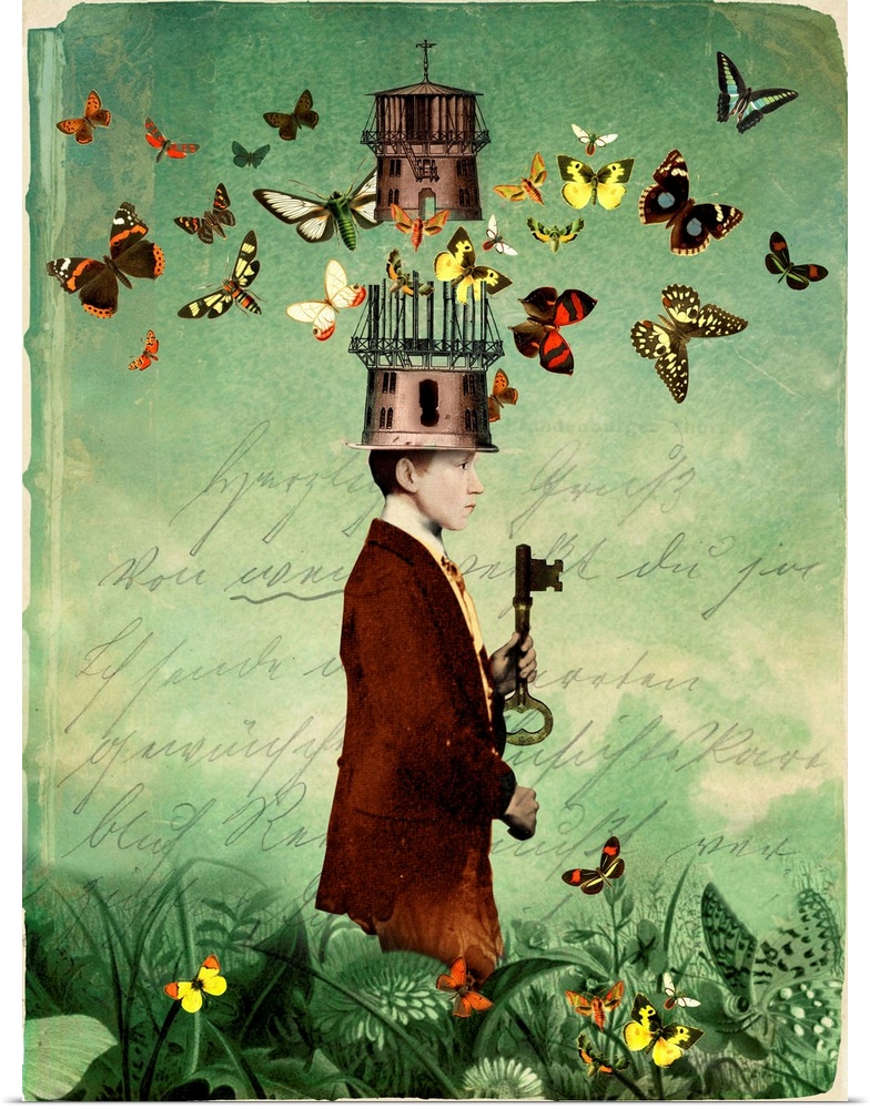 Contemporary artwork of a male holding a key with butterflies flying overhead.