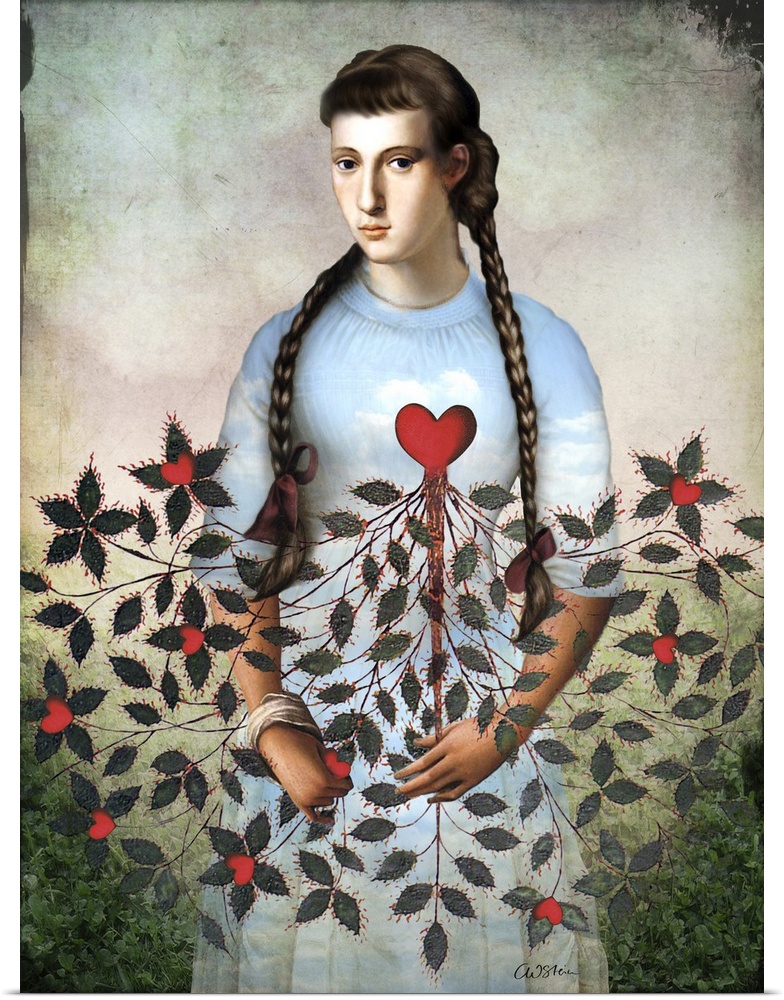 A lady with a dress made of a cloud sky is holding a vine of hearts.
