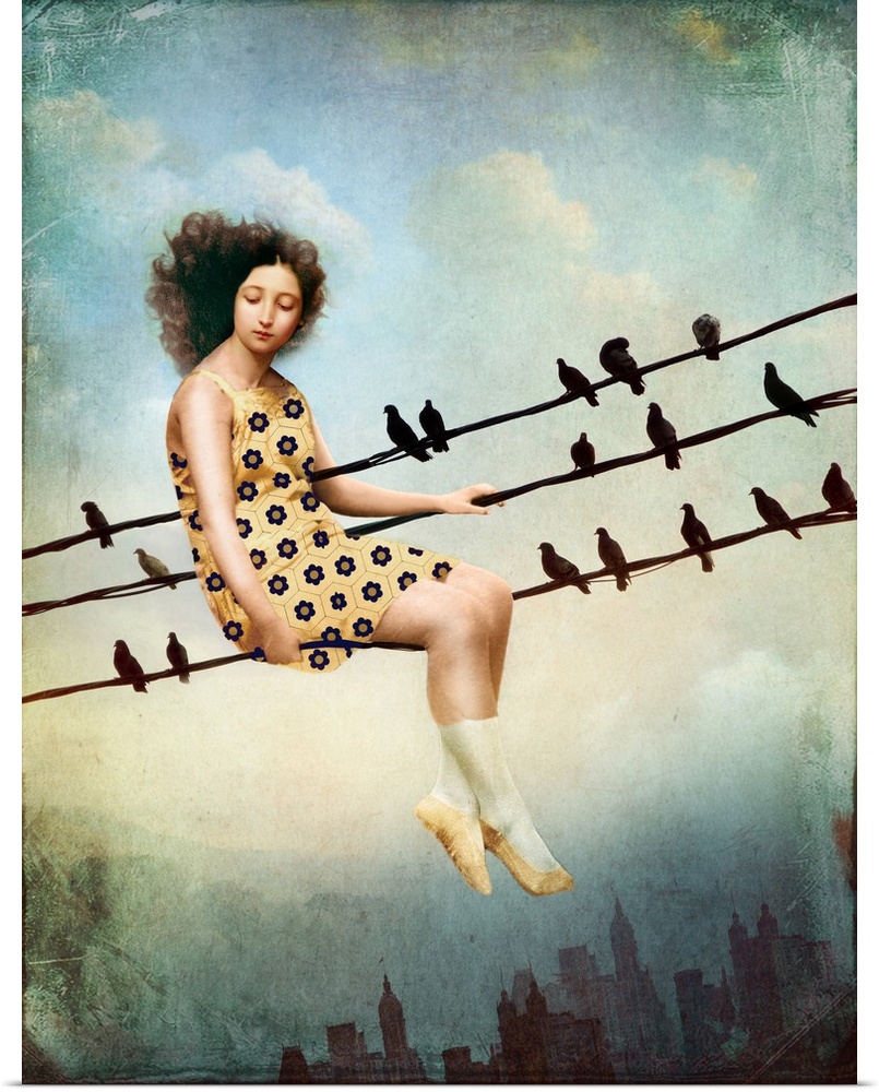A woman in a yellow dress in sitting on a power line with a row of birds over a city skyline.