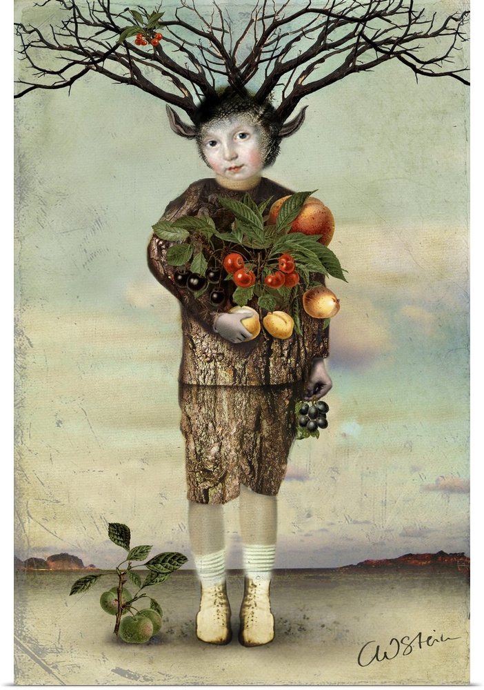 A mythical creature is holding a variety of fruit from a harvest.