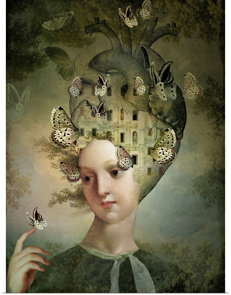 A whimsical and nostalgic portrait of a young woman with her head in the shape of a human heart, surrounded by butterflies