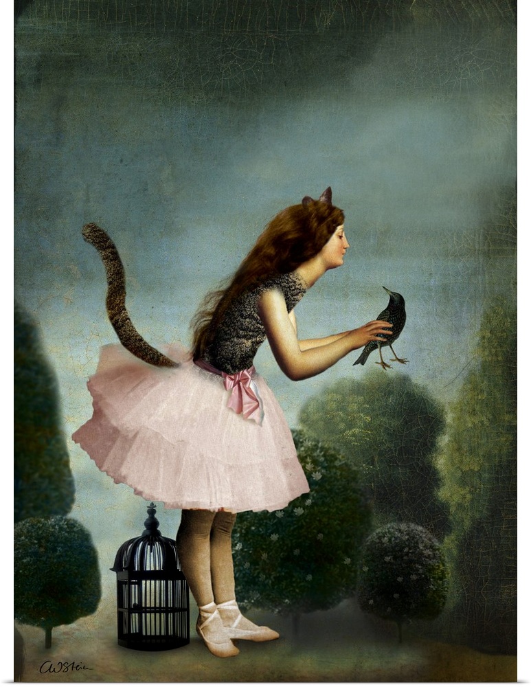 A young lady with cat ears and tail is holding a black bird.
