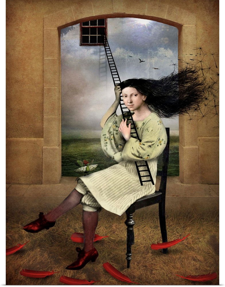 An abstract design of a female holding a ladder to a window with red feathers at her feet.