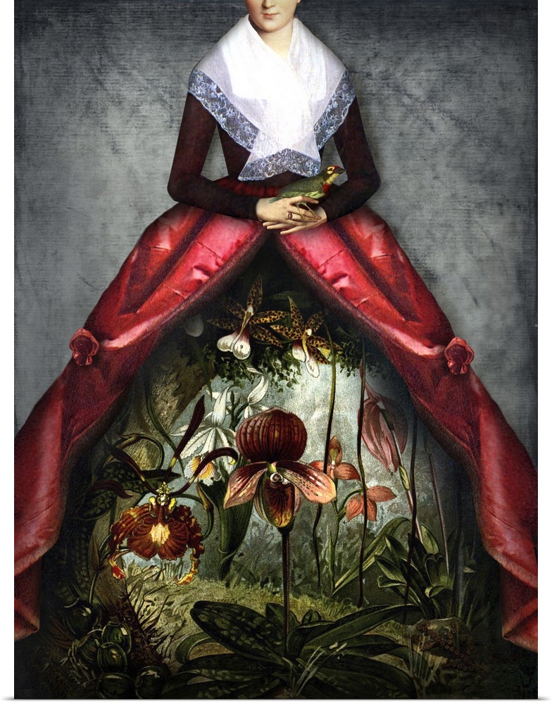 Digital composite of a woman in Victorian clothes with a floral garden scene peeping through the front of the dress.