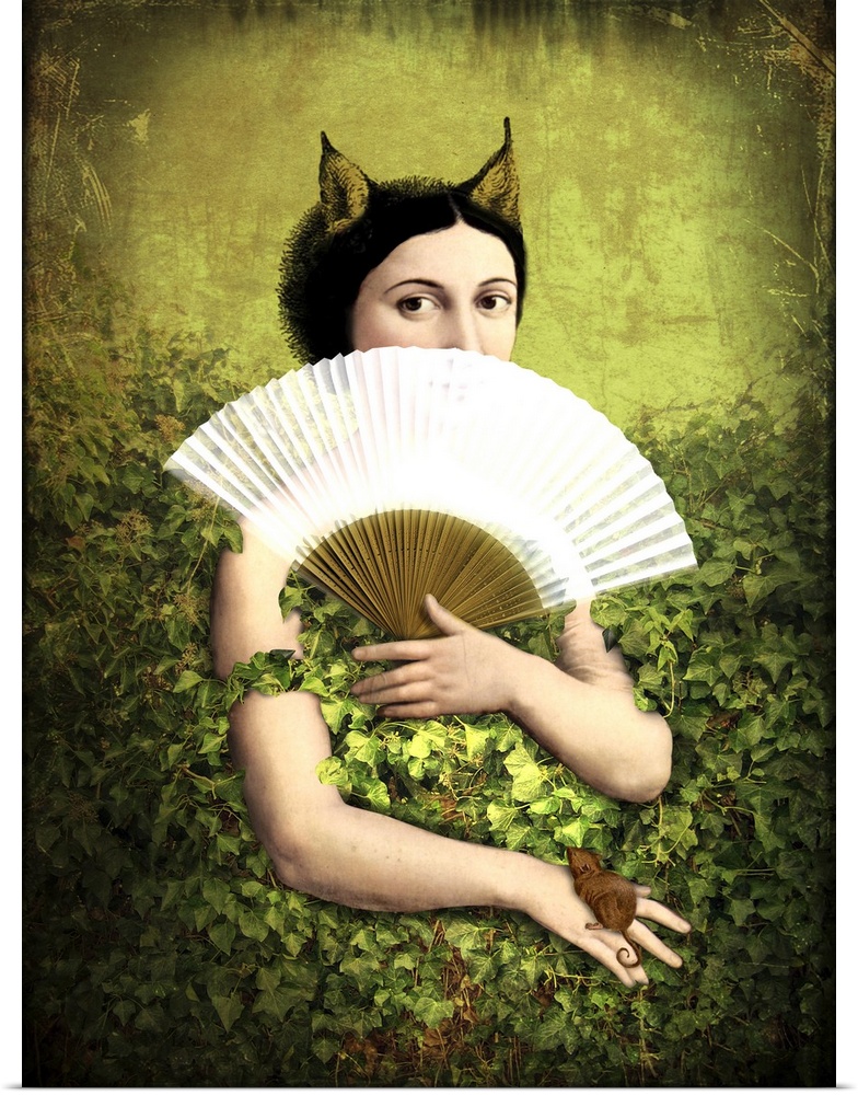A mixed media painting of a woman peering above a fan.