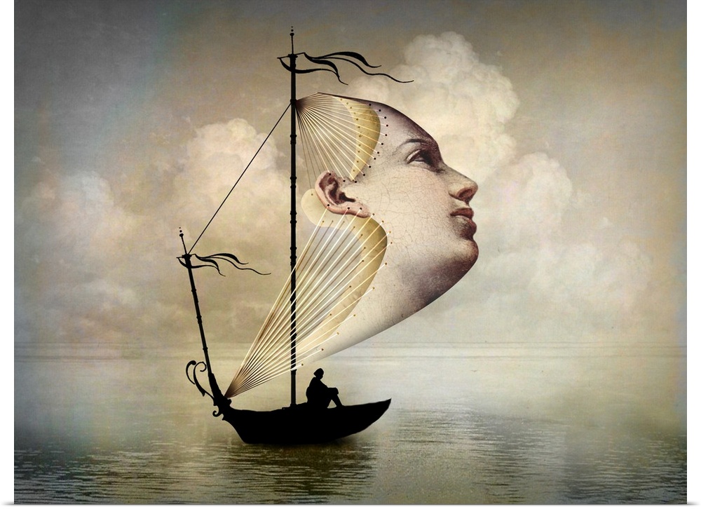 A digital composite of a woman's head as the sail of a small boat.