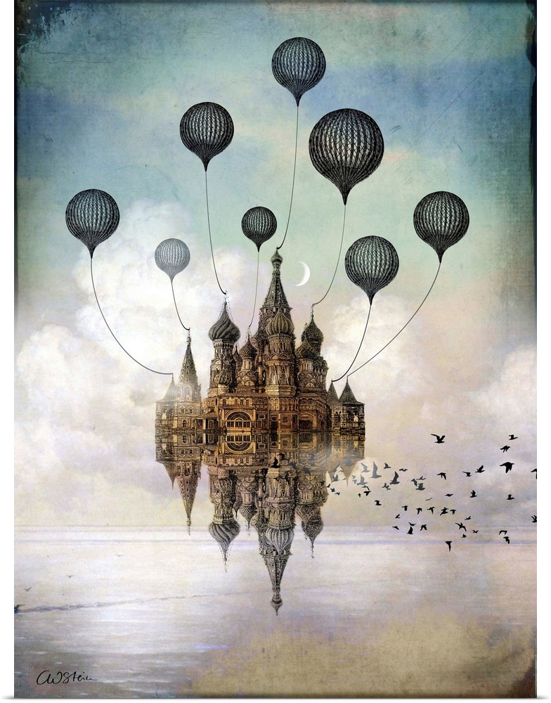 A vertical digital abstract painting of a building floating in the sky with balloons.