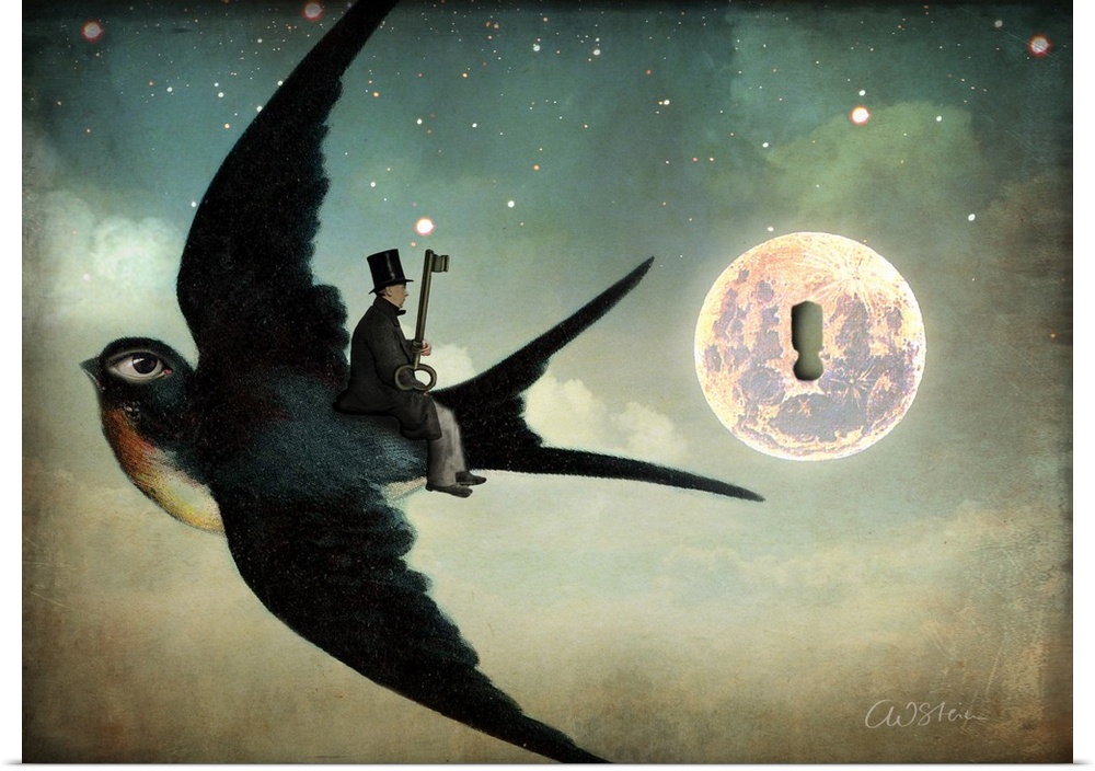 A man with a key is wearing a top hat and riding a bird with a enlarged eye.  They are flying past the moon which has a ke...