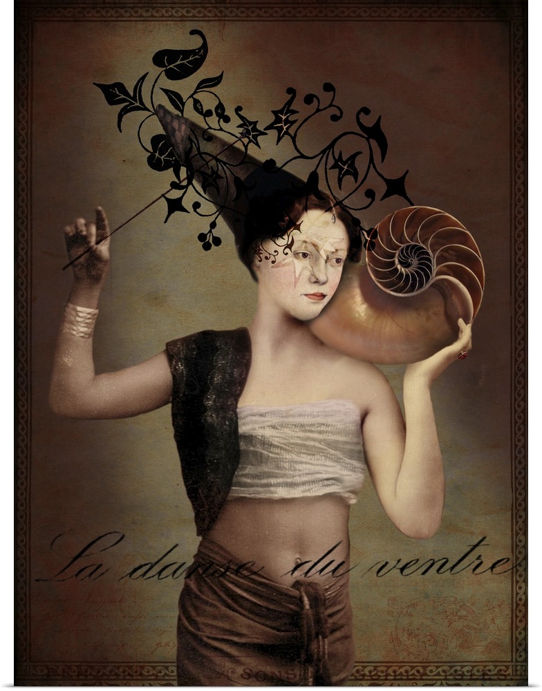 "La danse du ventre"  A woman with a cone shaped hat is holding a wand and a large shell to her ear.