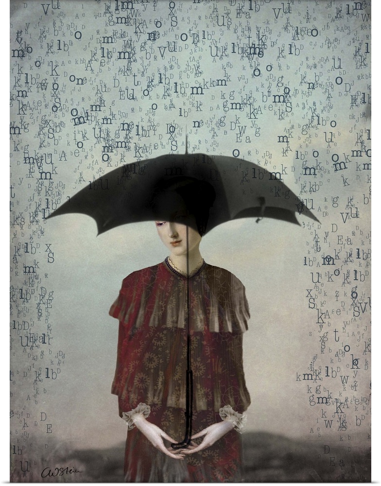 A digital illustration of a female under an umbrella, being showered by letters.