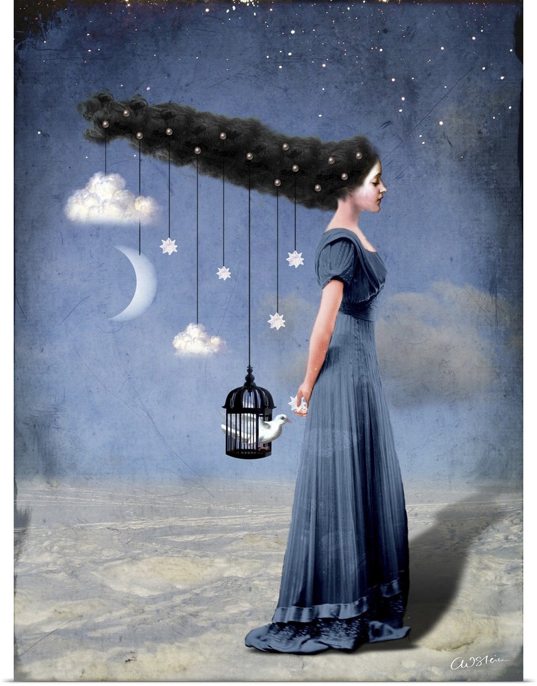 A lady in blue has clouds, moon and stars hanging from her hair.  A cage with a white bird is also hanging from her and th...