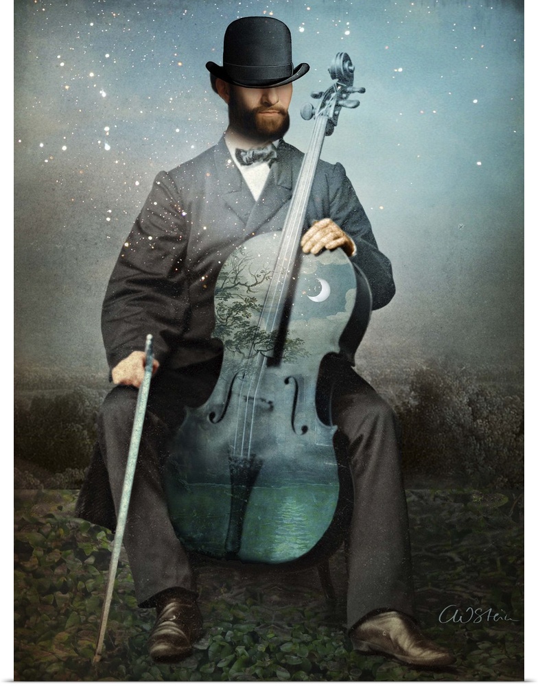 During a starry night, a man is holding a cello in which you can see a night time scene on the face on it.
