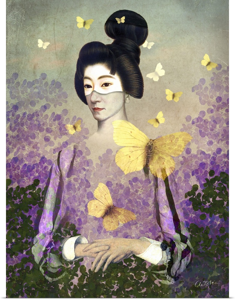 A composite image of a madame butterfly, with beautiful yellow butterflies surrounding the woman.