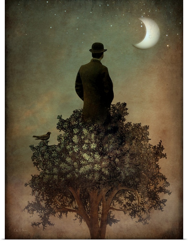 A man standing on the top of a tree looking out at the moon.