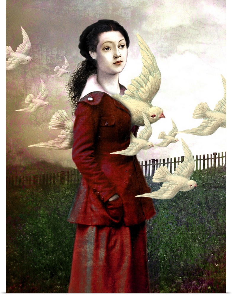 An abstract composite of white birds flying through the chest of a female.