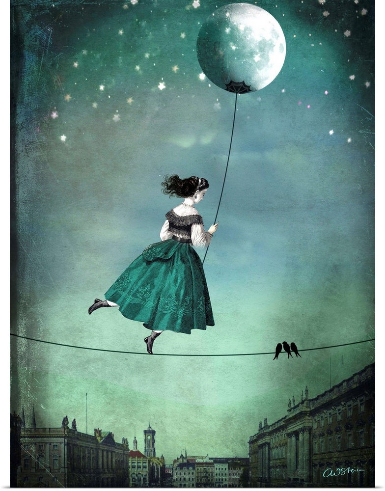 A digital composite of a female on a high-wire with a balloon.