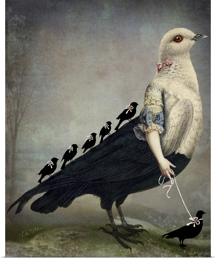 A large bird with human arms is walking a small black bird while a group of birds are riding on the back.