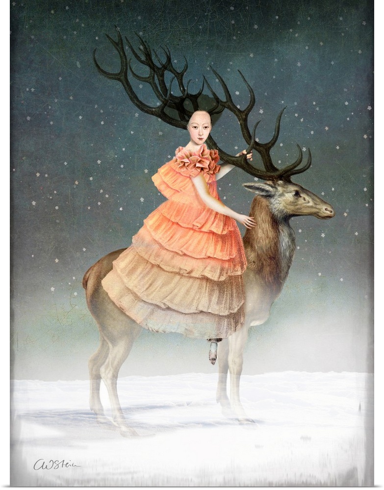 A woman in a peach dress and antlers on her head is riding a large stag in the snow.