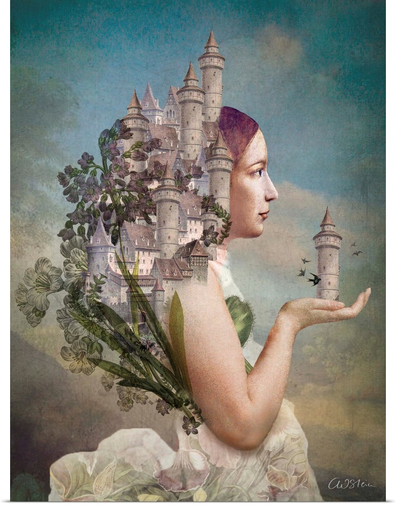 A lady has a castle coming out of her hand and back with a cloudy background.