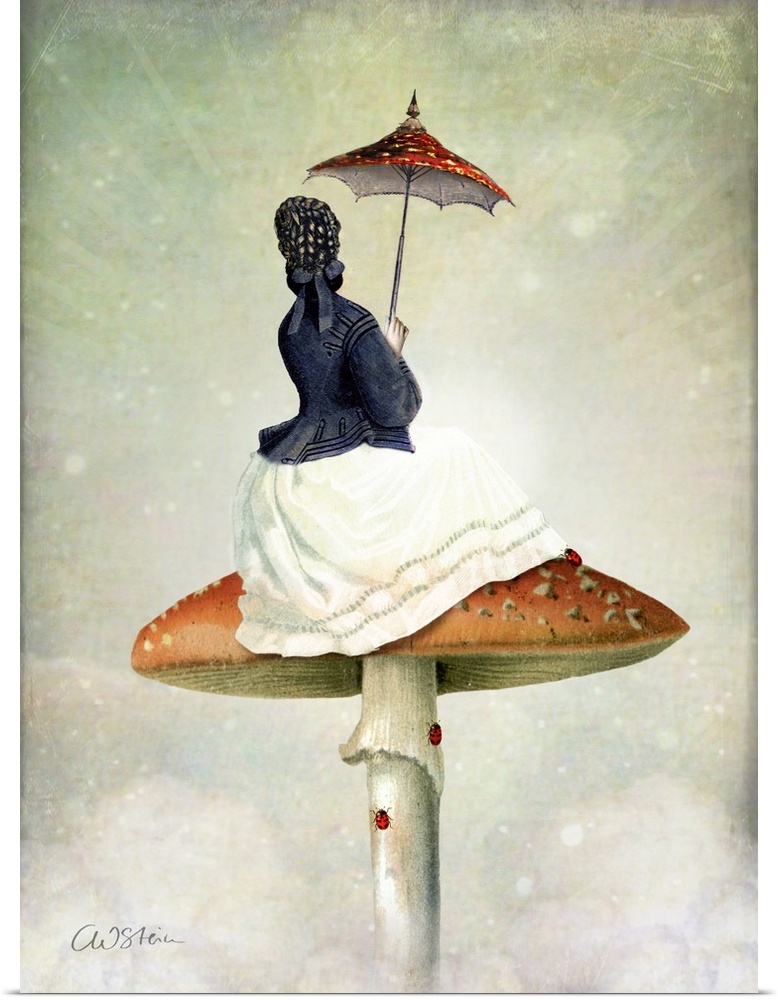 A lady with a small umbrella is sitting on a mushroom as lady bugs crawl on it.