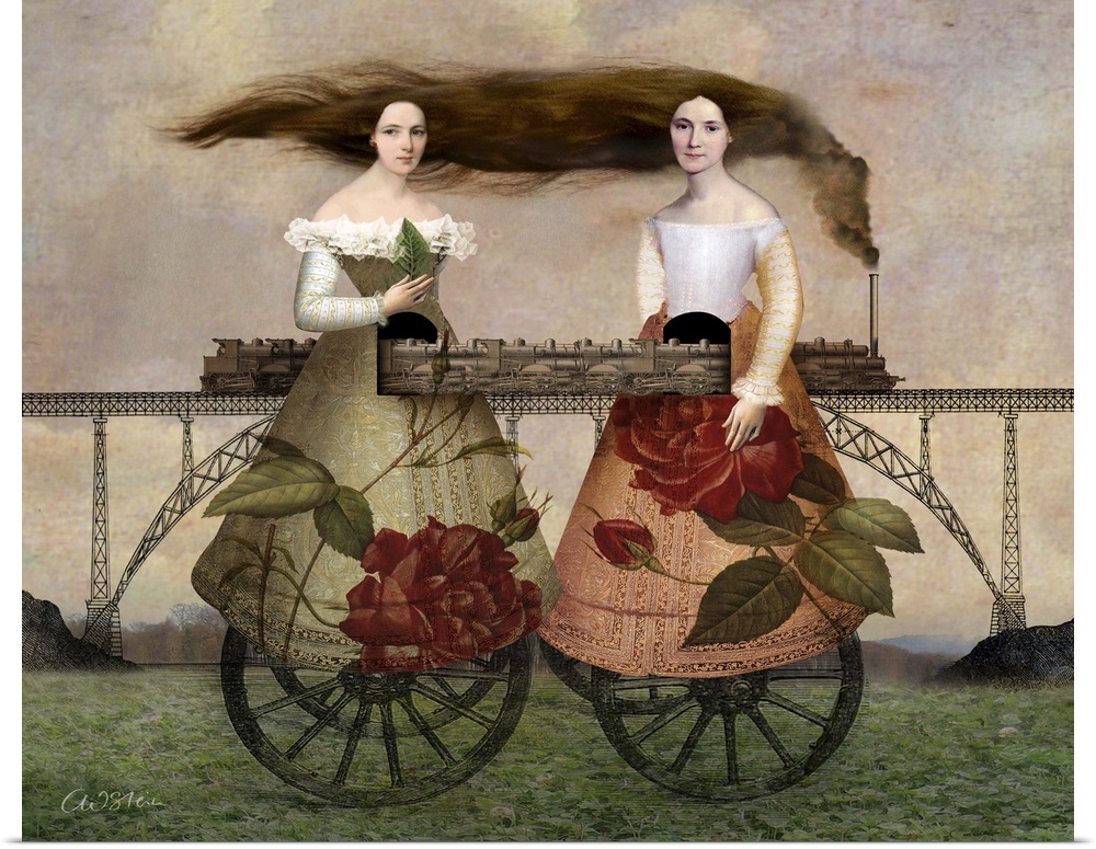 A train, crossing a bridge, is passing through the center of two woman with large roses on their dresses.  The woman appea...