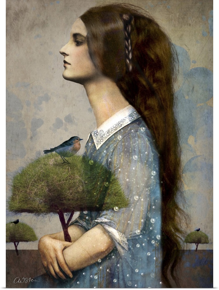 A profile of a woman with long hair, holding a tree with a blue bird in it.