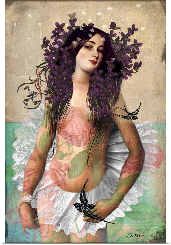 A lady has red roses overlapping her skin and purple flowers in her long hair.