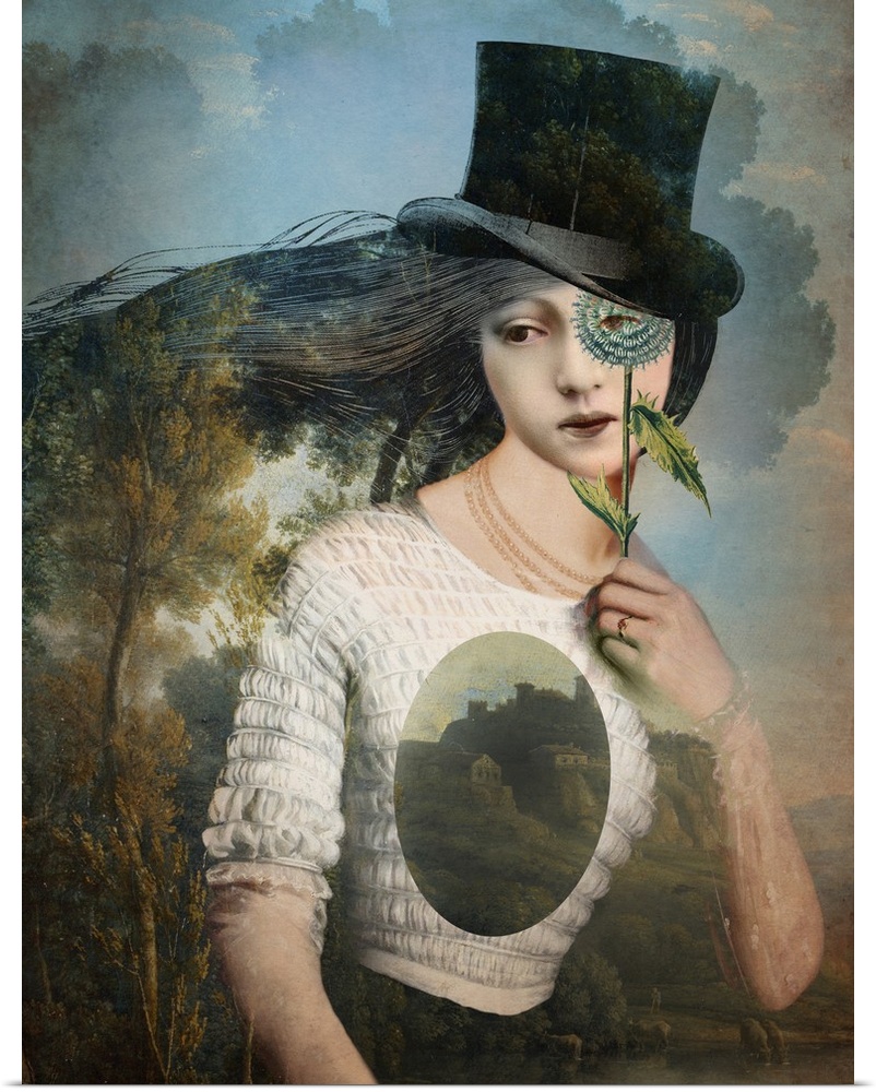A portrait of a lady with a top hat is looking through a flower at one eye.  You can see the country landscape through her...