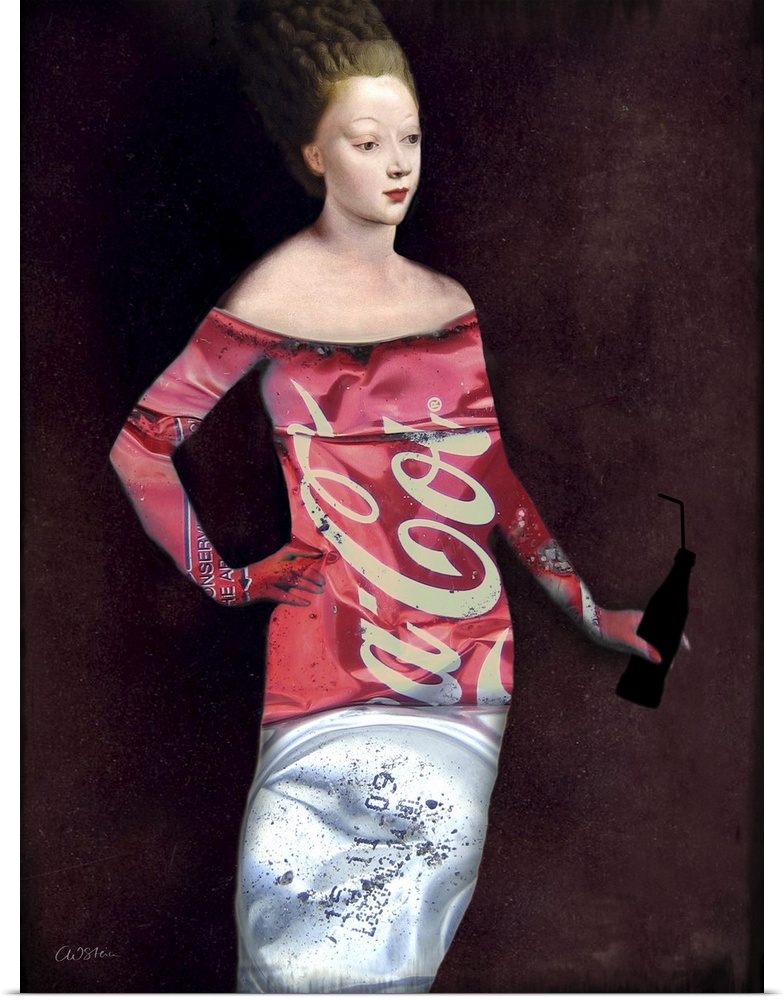 A portrait of a lady holding a glass bottle drink while dressed in a stylish outfit made of a soft drink can.