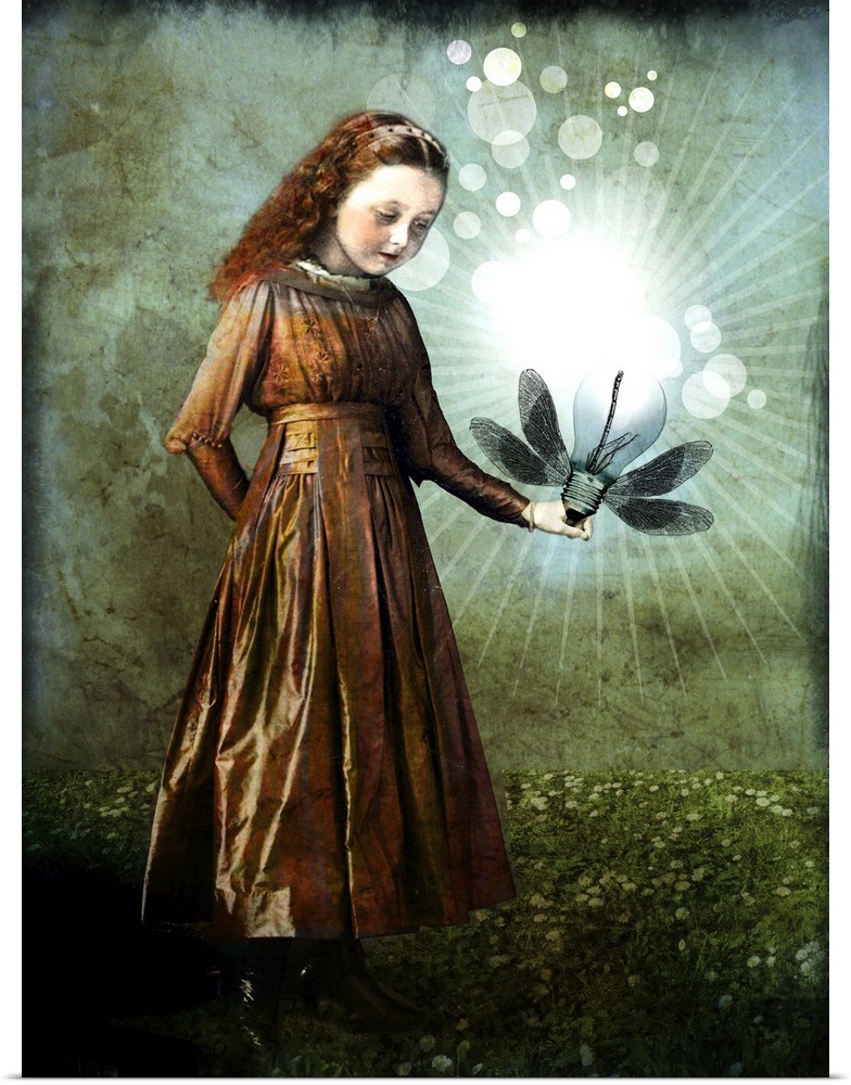 Composite picture of a young girl holding a light bulb with wings.