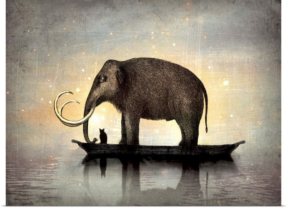 An abstract horizontal composite of a elephant and cat floating on a boat.