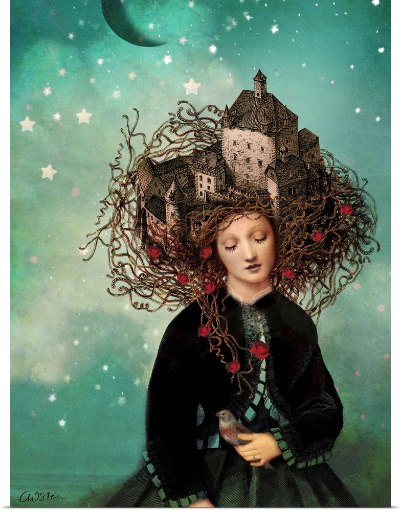A digital composite of a female with a castle on top on her head, holding a bird.