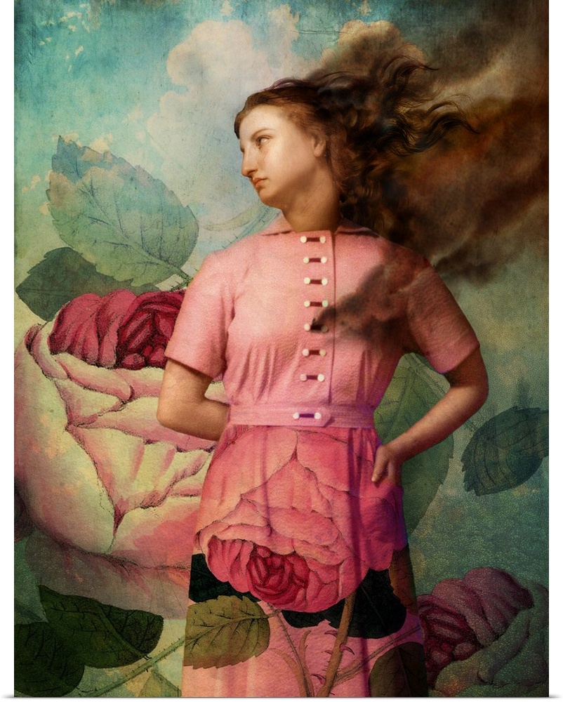 The wind is blowing through the hair of a lady with a pink dress with roses on the skirt.  There is a cloudy sky and a lar...