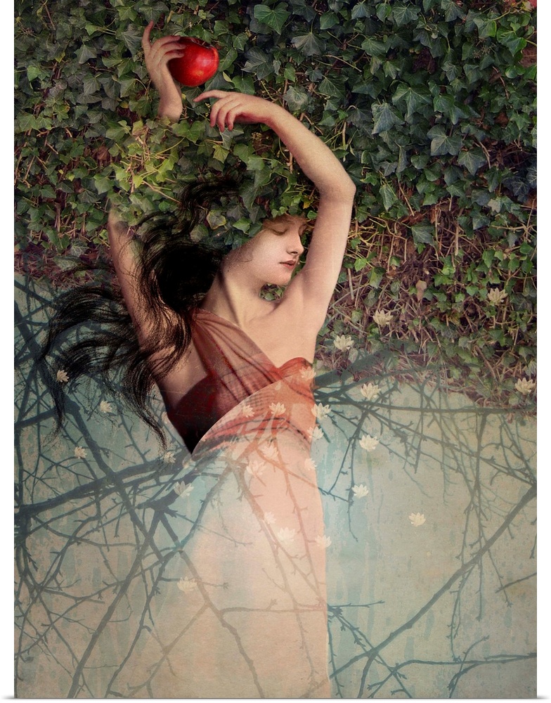 A woman, surrounded by vines, is holding a red apple.