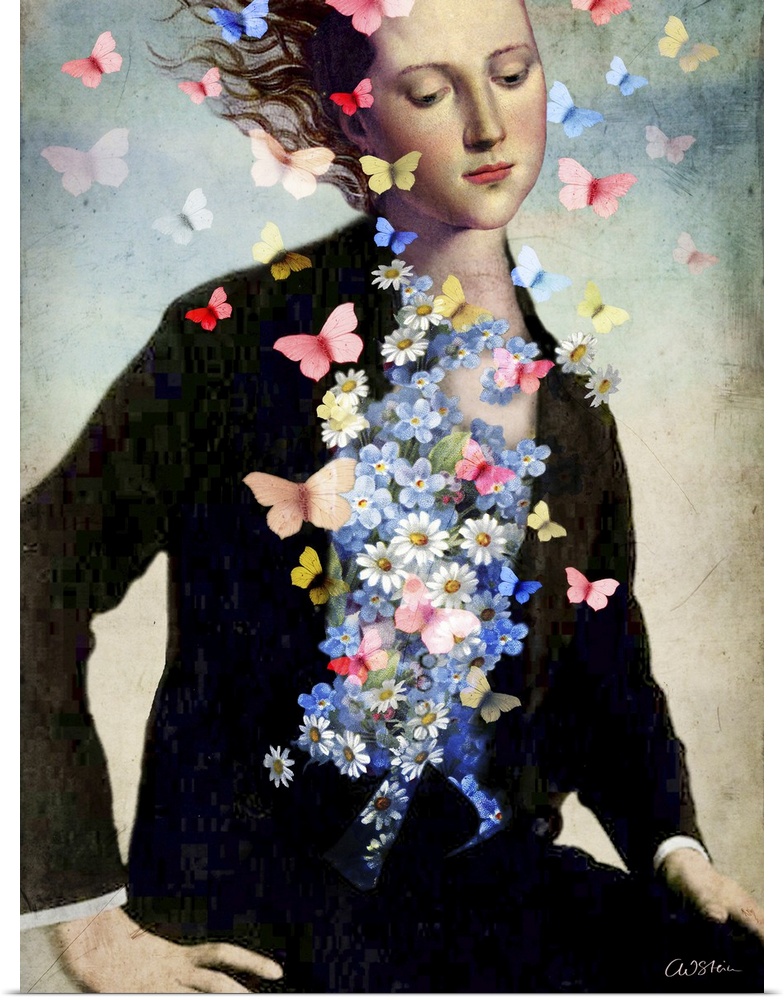 A female dressed in black with a cluster of flowers and butterflies coming from her chest.
