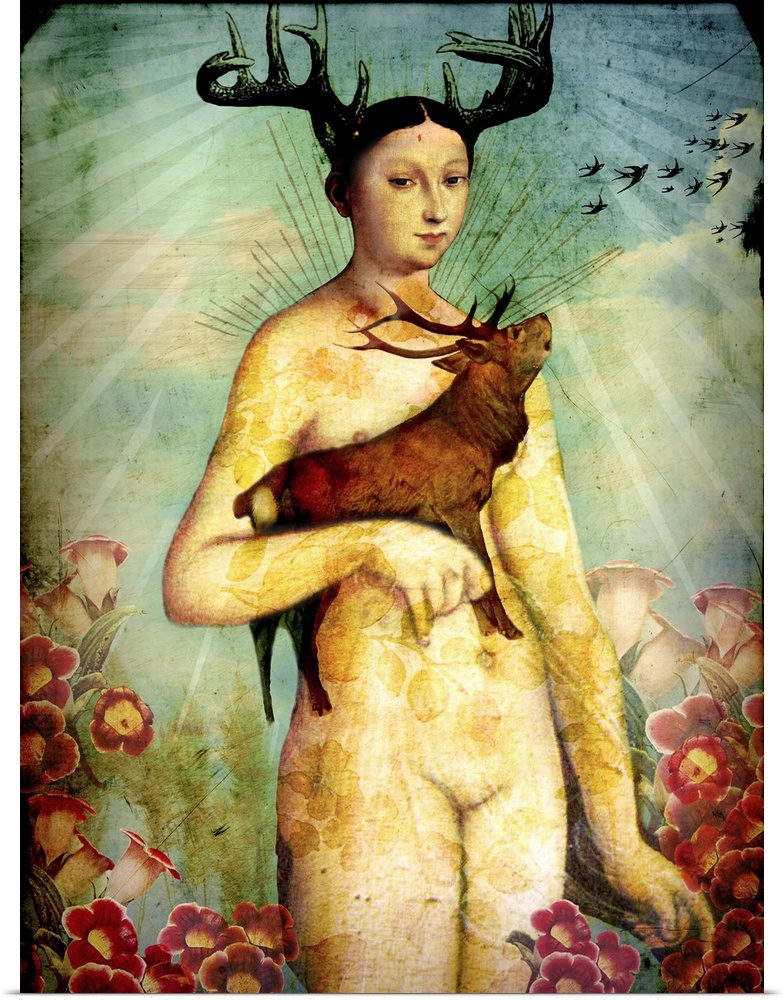Composite artwork of a nude woman with antlers holding an elk, surrounded by flowers.