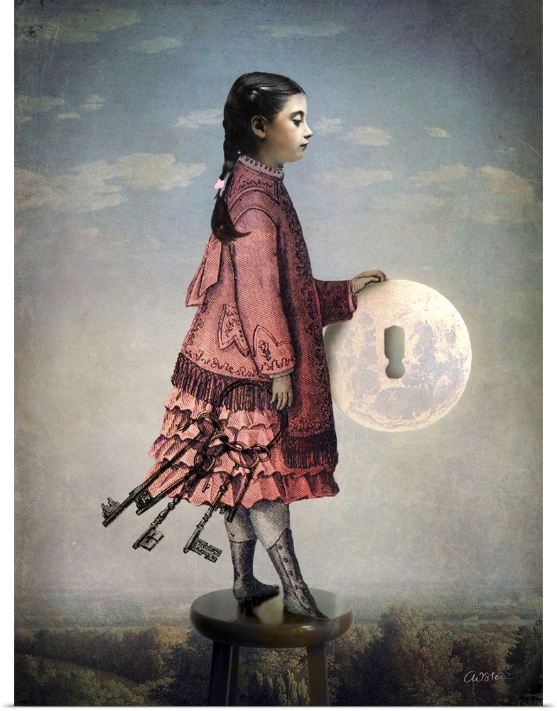 A young girl is holding the moon with a key hole in it and a ring of keys.