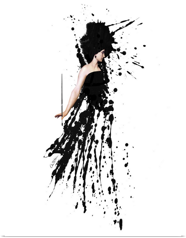 A woman holding a paint brush has an outfit made out of black paint splatters.