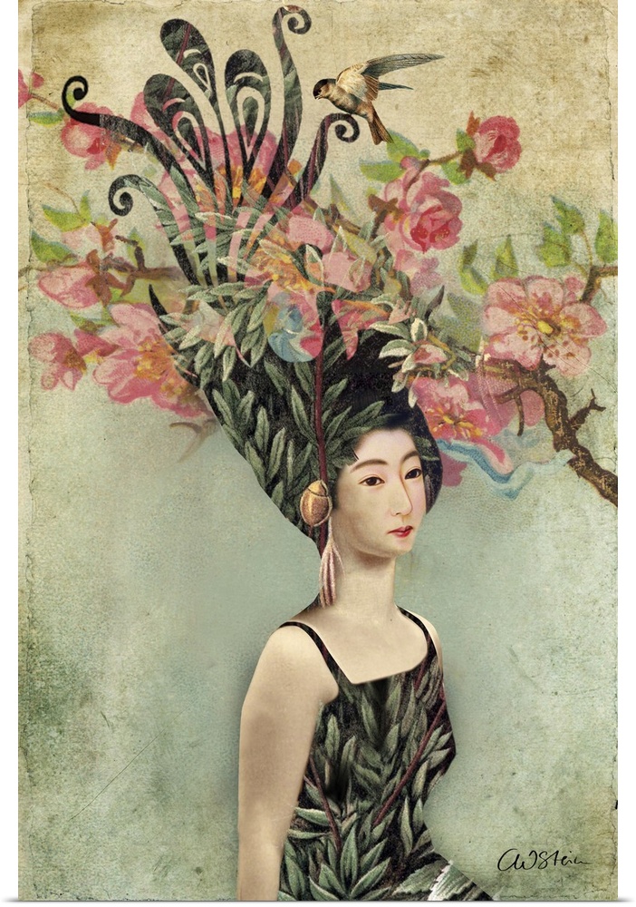 A portrait of a woman with a cherry tree in her hair.