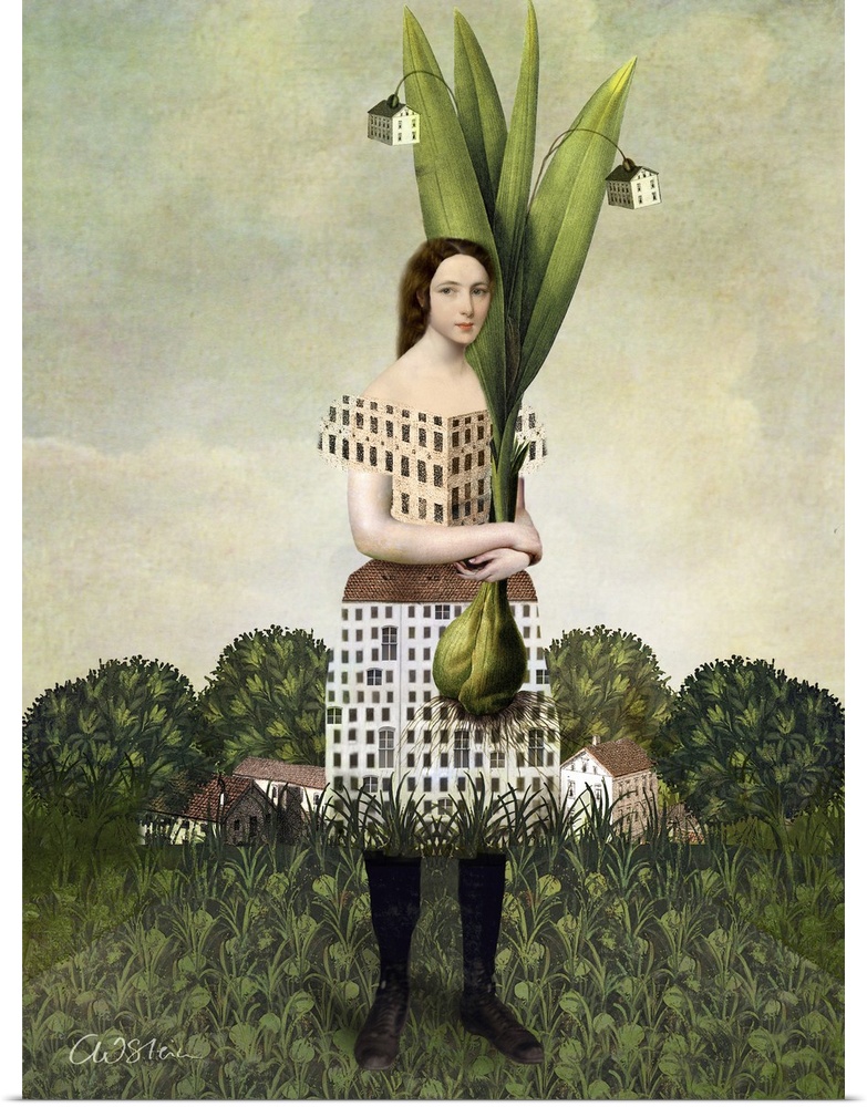 A young lady is holding a large plant with tiny houses hanging from it.  Her dress has the pattern of house windows and sh...