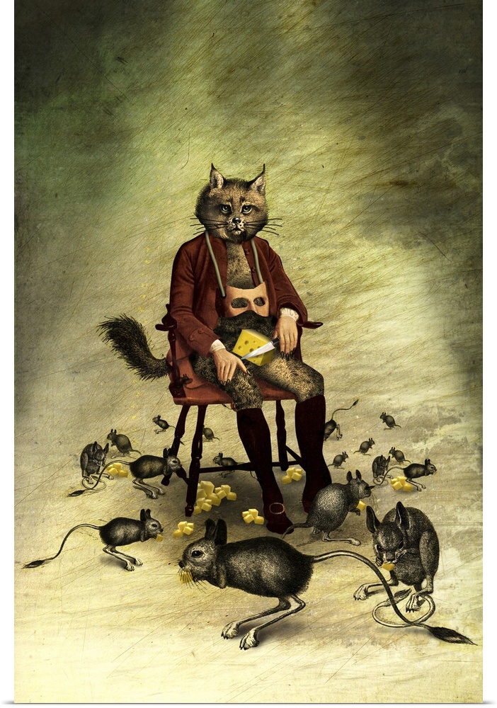Conceptual image of a cat sitting in a chair with a block of cheese and a knife while mice surround it eating pieces of cu...