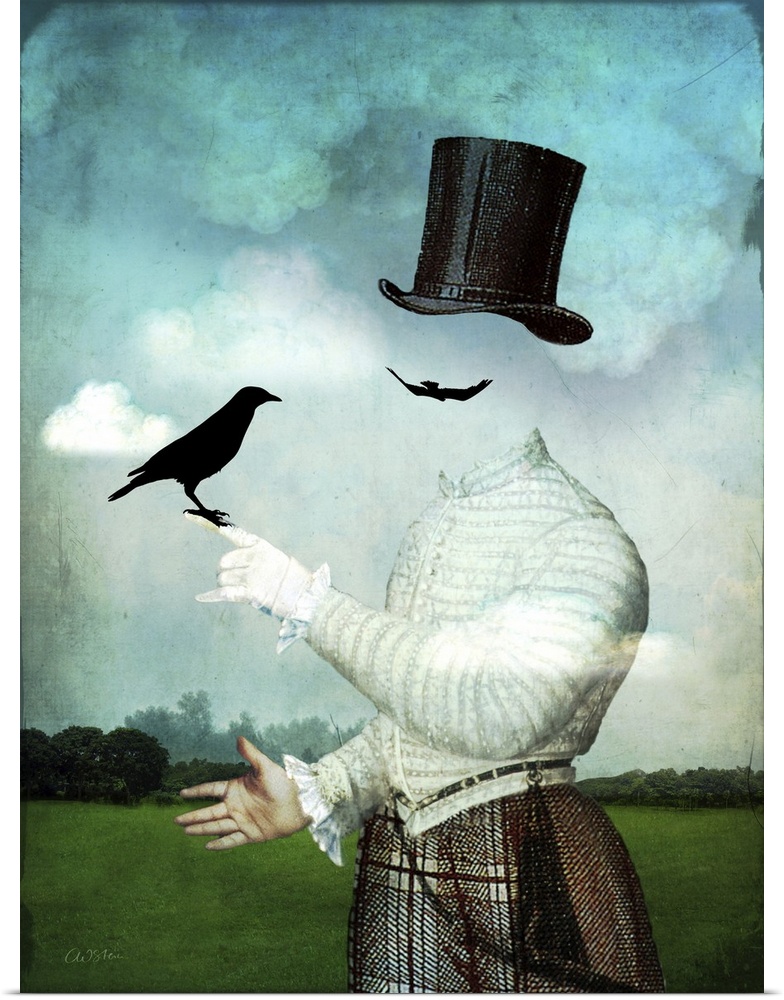 A digital composite of an invisible man holding a black bird.