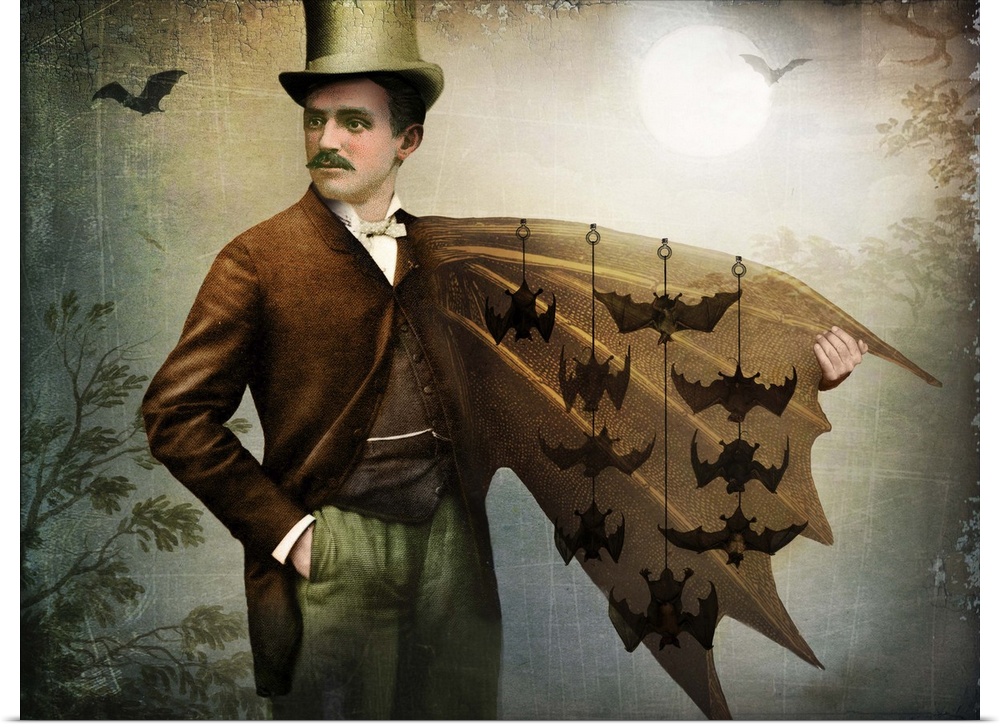 Artwork of a man with one bat wing on his side filled with bats hanging on strings.