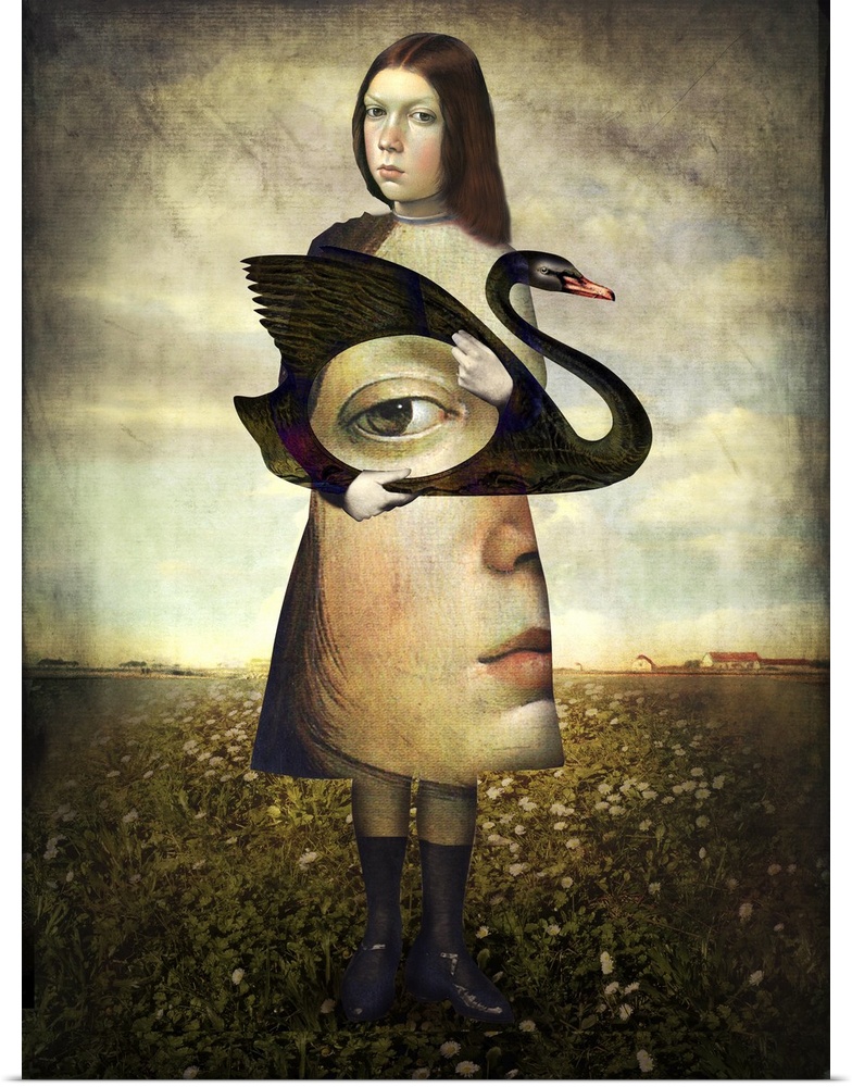 A vertical abstract portrait of a female holding a black swan.