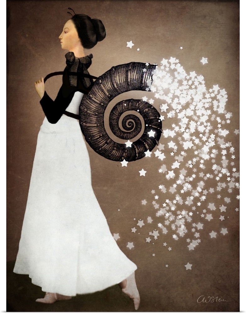 A woman carrying a large shell on her back that is releasing stars.
