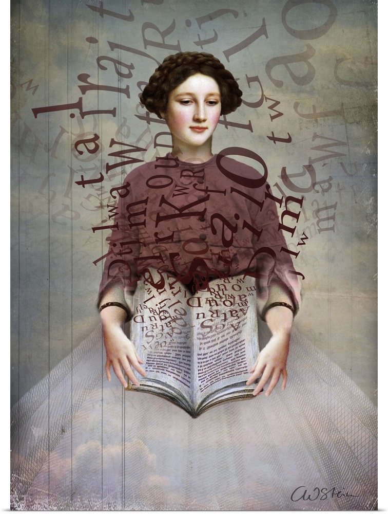 Conceptual art of a female holding a book as letters float off of the pages.