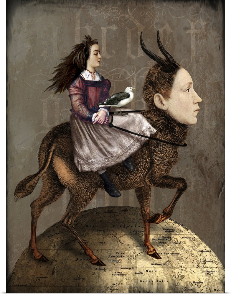A lady with a bird is riding a mythical creature of half man, half deer.  They are standing on a globe with a textured, we...