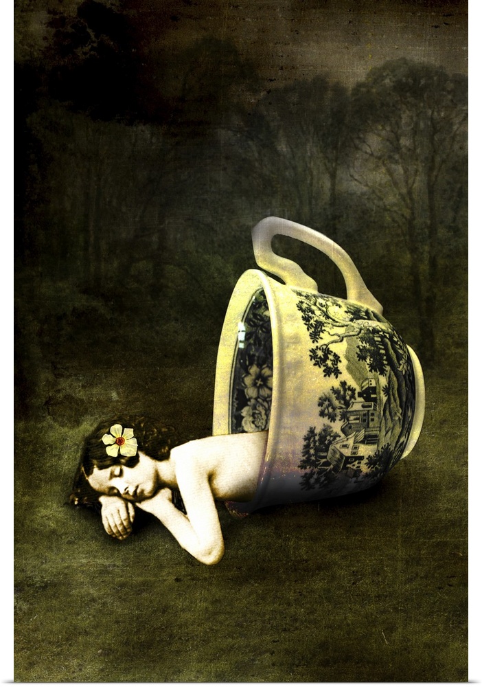 A small girl sleeping in a large teacup in a forest.