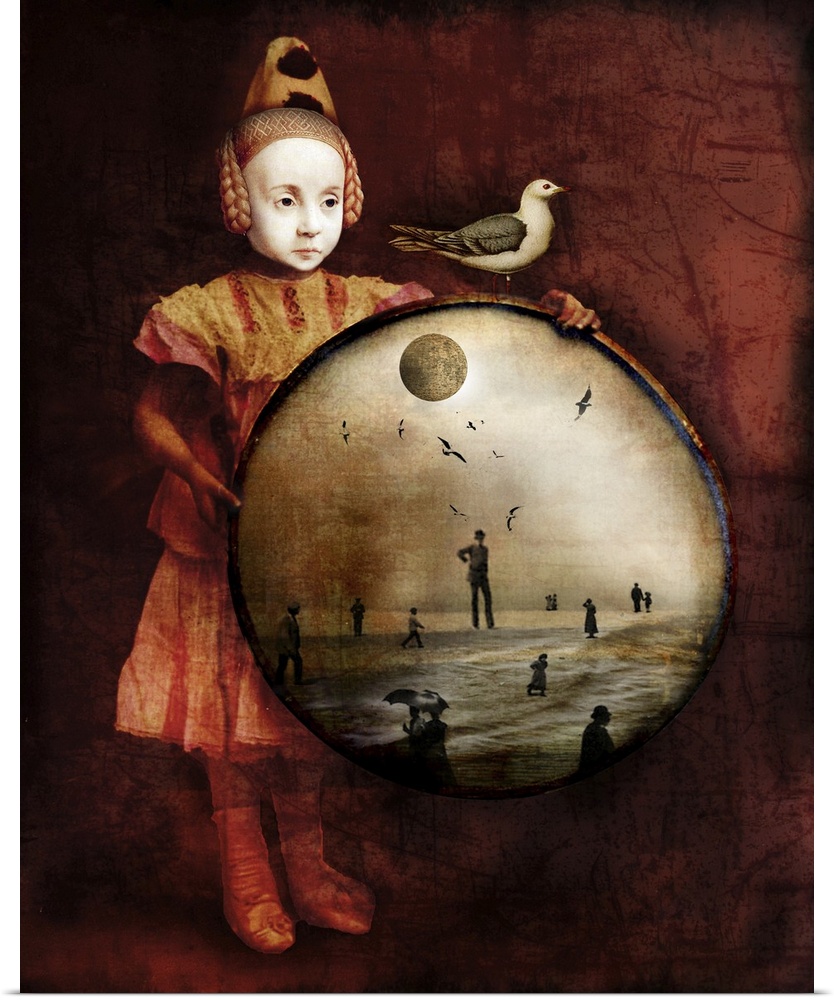 An abstract composite of a child holding an image of people walking on a beach, with a bird perched on top of it.
