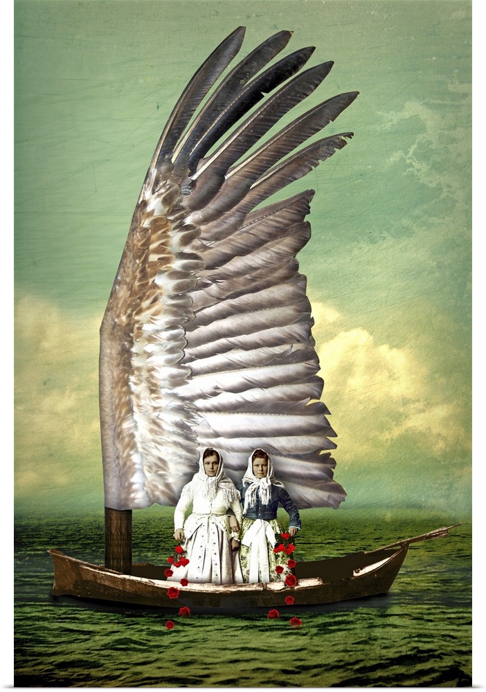A vertical abstract composite of two woman on a boat.